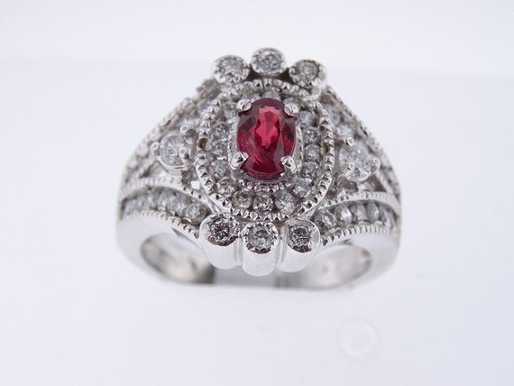 14K White Gold Diamond and Natural Ruby Antique Halo Design Ring 1.80 Carats - SJ2268R