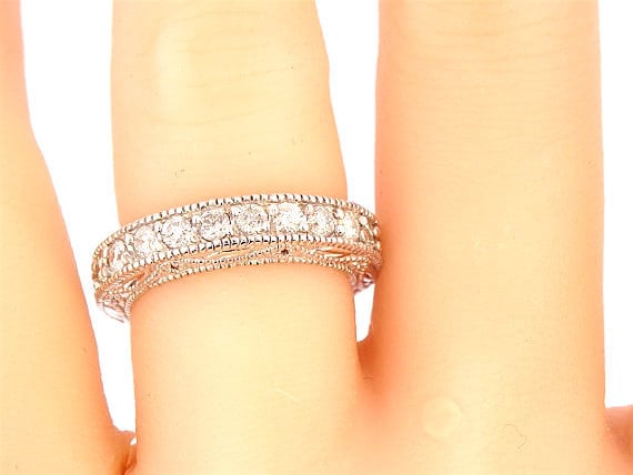 14K White Gold Art Deco 3/4 Eternity Anniversary Band Wedding Band Promise Ring Stackable Ring Yellow Gold White Gold Platinum 18K Art Deco