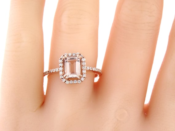14K Rose Gold Emerald Cut Morganite and Diamond Engagement Ring Wedding Ring Anniversary Ring Promise Ring Solitaire Ring Yellow Gold White