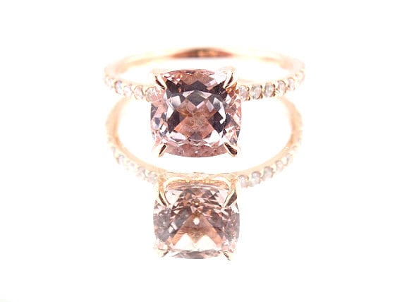 14K Rose Gold Diamond & Natural Cushion Cut Morganite Engagement Ring Wedding Ring Solitaire Ring Art Deco Ring Classic Design Yellow White