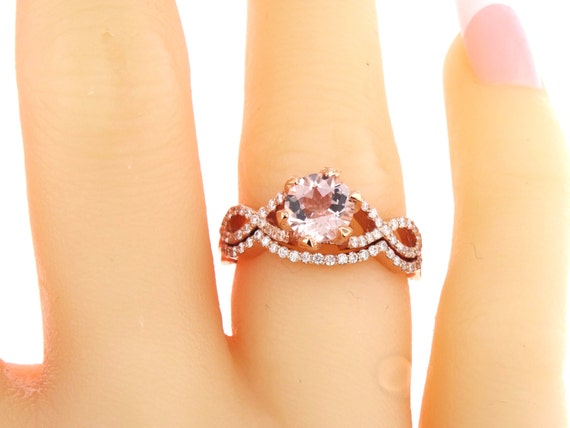 14 Karat Rose Gold Diamond Round Brilliant Morganite Wedding Set Wedding Ring Engagment Ring Promise Ring Anniversary Ring White Gold Yellow