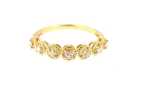 14K Yellow Gold Diamond Antique Style Art Deco Bezel Set Half Eternity Band Wedding Band Anniversary Band Stackable Band Rose White Gold 18K