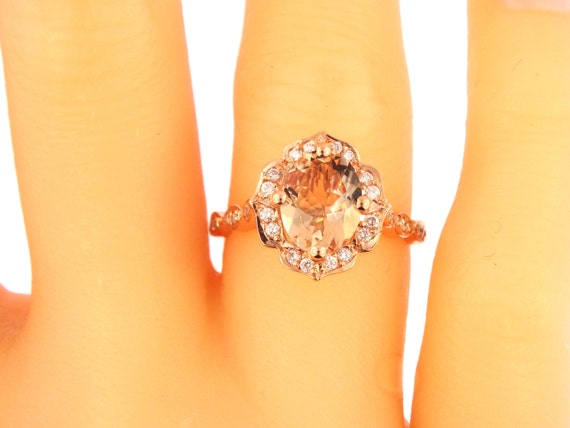 14K Rose Gold Diamond and Oval Shape Morganite Flower Halo Engagement Ring Wedding Ring Anniversary Ring Floral Design White Gold Yellow 18K