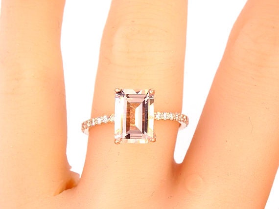 14K Rose Gold Emerald Cut Morganite and Diamond Engagement Ring Wedding Ring Anniversary Ring Promise Ring Solitaire Ring Yellow Gold White