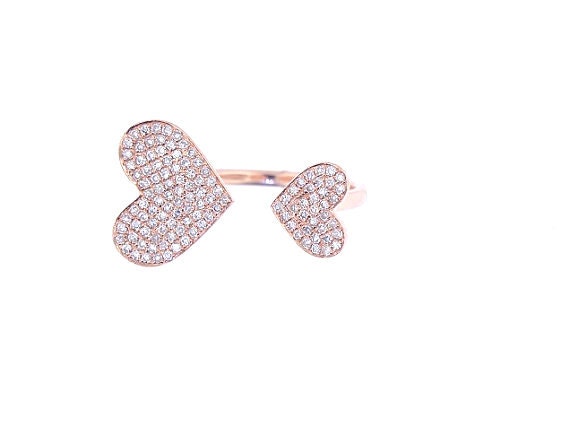 14K Rose Gold Heart Diamond Band Stackable Band Fashion Ring Fashion Jewelry Split Ring Pave Setting Art Deco Antique Yellow Gold White