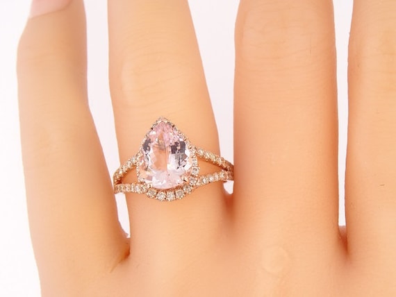 14K Rose Gold Halo Diamond Pear Shape Morganite Engagement Ring Wedding Ring Anniversary Ring Promise Ring Yellow Gold White Gold Art Deco