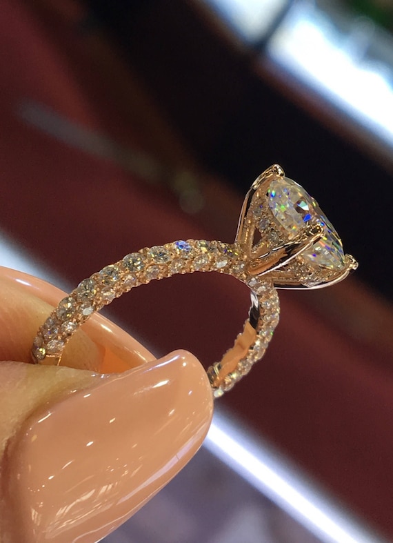14 Karat Rose Gold Diamond Under Halo Wedding Ring With Round Brilliant Forever One Moissanite Engagement Ring Promise Ring Anniversary Ring