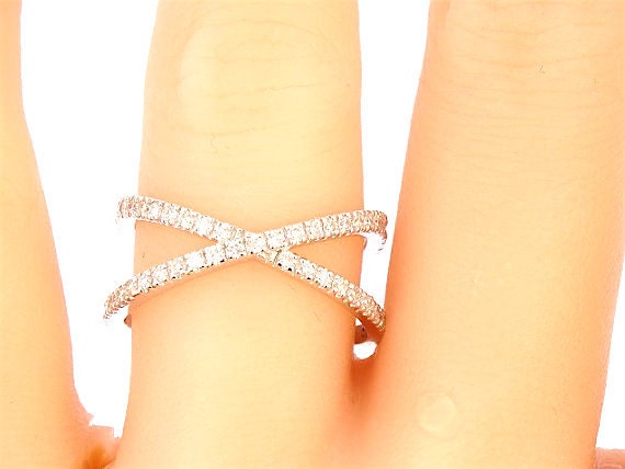 14k White Gold Diamond X Band Criss Cross Ring Wedding Ring Fashion Ring Anniversary Band Split Shank Yellow Gold Rose Gold Wedding Ring