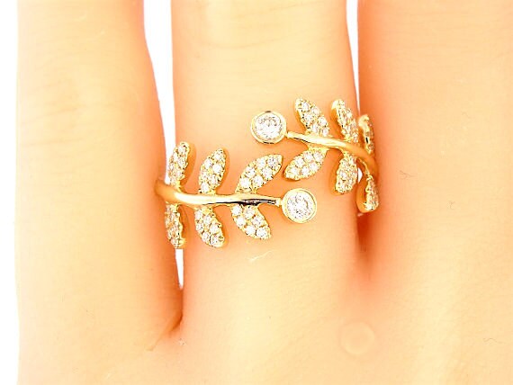 14K Yellow Gold Diamond Leaf Band Engagement Band Wedding Band Anniversary Band Stackable Band Fashion Band Right Hand Ring Rose Gold White