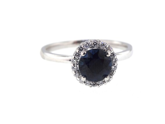 14K White Gold Diamond Round Blue Sapphire Engagement Ring Wedding Ring Art Deco Ring Promise Ring Classic Halo Yellow Gold Rose Gold 18K