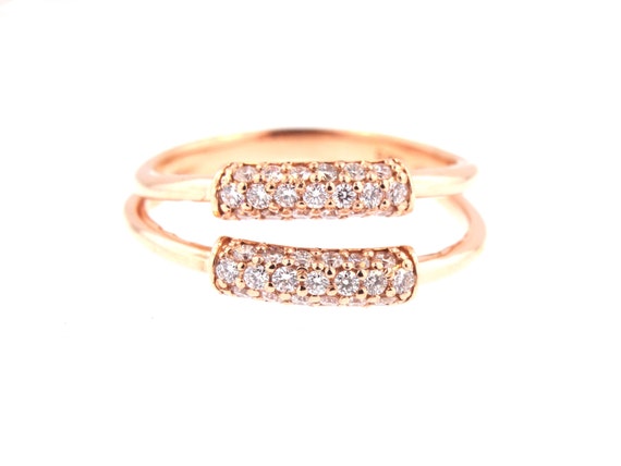 14K Rose Gold Diamond Doube Bar Band Right Hand Ring Fashion Ring Yellow Gold White Gold Split Band Anniversary Band Wedding Band Promise