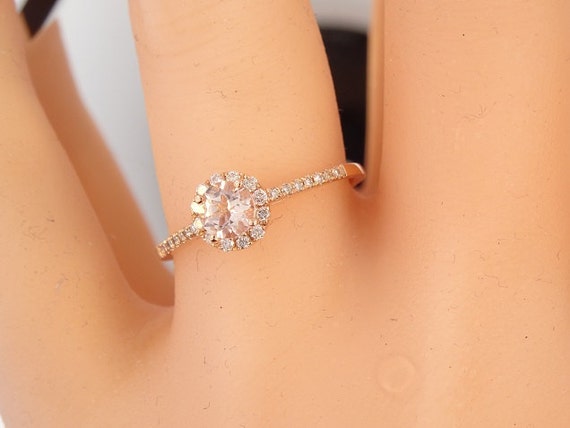 14K Rose Gold Diamond and Natural Morganite Halo Engagement Ring Wedding Ring Anniversary Ring Classic Halo Yellow Gold White Gold Antique