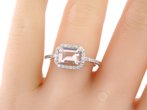 14K White Gold Diamond & Emerald Cut Morganite Sideways Engagement Ring Anniversary Wedding Ring Art Deco Design Ring Yellow Rose Gold 18K