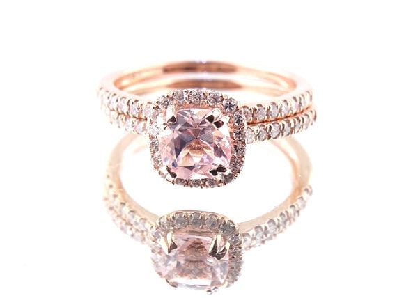 14K Rose Gold Natural Morganite Diamond Halo Engagement Set Wedding Set Engagement Set Anniversary Set Promise Ring Yellow Gold White Gold