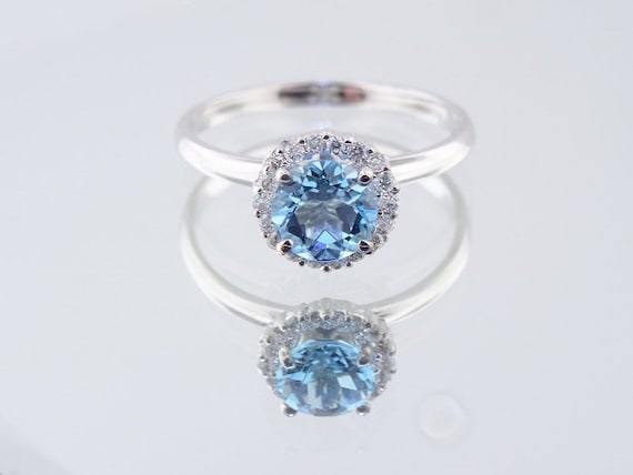 14K White Gold Diamond and Blue Topaz Halo Engagement Ring - SJ700HBT