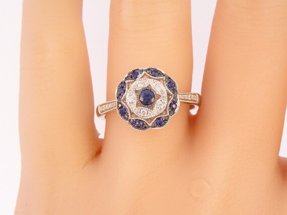 14K White Gold Diamond and Sapphire Ring Evil Eye Ring Stackable Band Anniversary Ring Fashion Ring Halo Ring