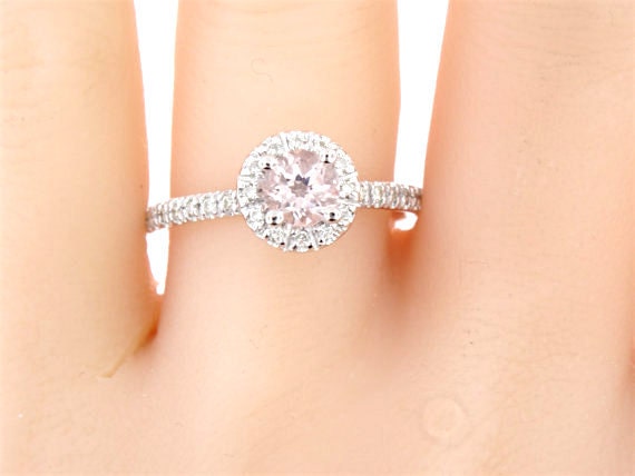 14K White Gold Natural Morganite and Diamond Halo Ring Antique Art Deco Solitare Engagement Ring Wedding Ring Promise White Gold Yellow Gold