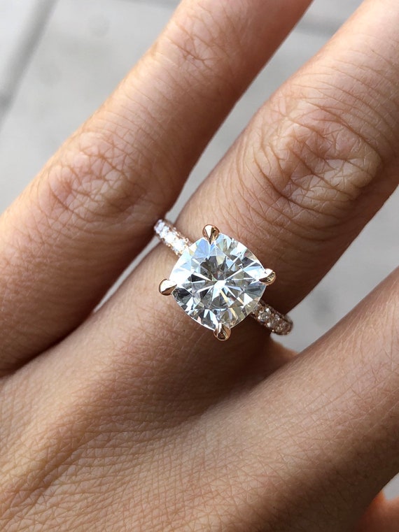 14 Karat Rose Gold Diamond Under Halo Wedding Ring w/ Cushion Cut Forever One Moissanite Engagement Ring Promise Ring Anniversary Ring