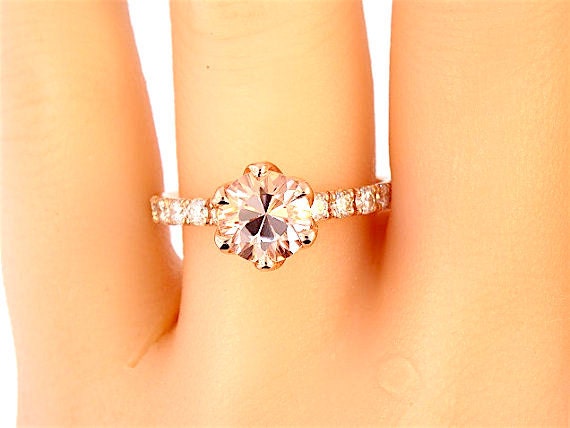 14K Rose Gold Diamond Round Morganite Engagement Ring Wedding Ring Art Deco Ring Classic Ring Promise Ring Solitaire Yellow Gold White Gold