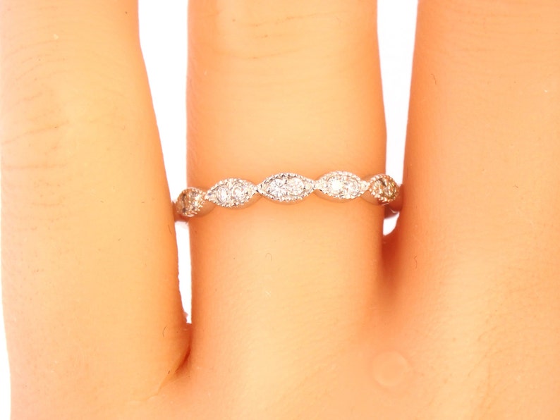 14K White Gold Art Deco Antique Style Half Eternity Band Stackable Band Anniversary Band Wedding Band Yellow Gold Rose Gold Platinum 18K