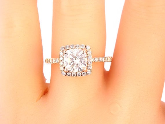 14K Rose Gold Diamond Halo 6.5 MM Cushion Cut Forever Brilliant Moissanite Engagement Ring Wedding Ring Promise Ring Yellow Gold White Gold