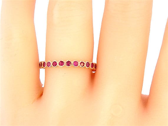 14K Rose Gold Natural Ruby 3/4 Eternity Bezel Set Band Antique Band Art Deco Band Anniversary Band Stackable Band Yellow Gold White Gold 18K