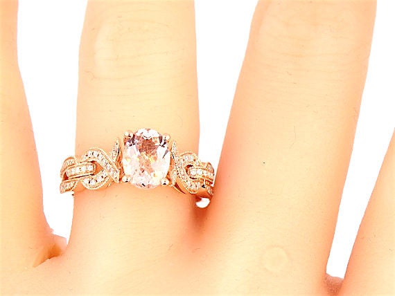 14K Rose Gold Oval Shape Morganite and Diamond Engagement Ring Wedding Ring Infinity Ring Split Shank Criss Cross Ring Promise Ring Art Deco