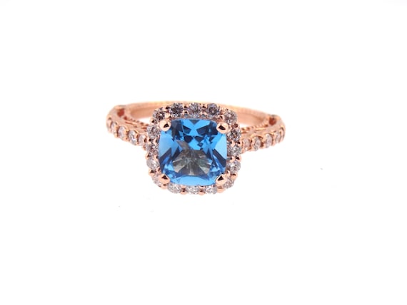 14K Rose Gold Natural Blue Topaz Diamond Halo Ring Engagement Ring Wedding Ring Anniversary Ring Antique Design Art Deco Design White Gold