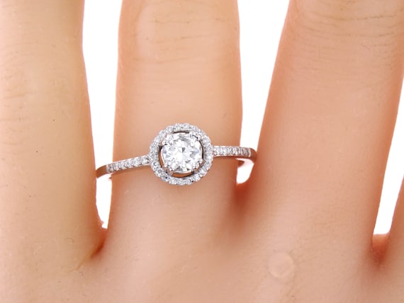 14K White Gold Round Brilliant Diamond Halo Engagement Ring Anniversary Ring Promise Art Deco Ring Antique Ring Yellow Gold Rose Gold 18K