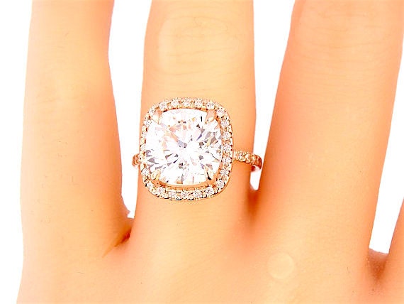 14 Karat Rose Gold Diamond and Forever Brilliant Cushion Cut Engagement Ring Wedding Ring Promise Ring Halo Ring Yellow Gold White Gold