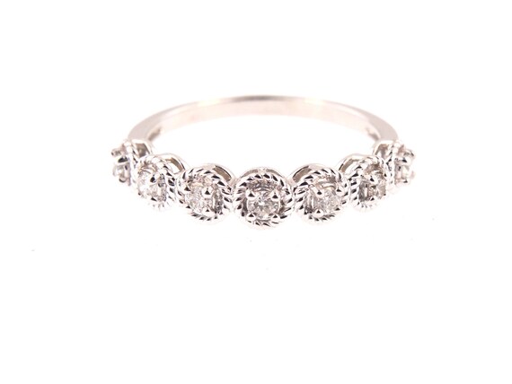 14K White Gold Diamond Antique Style Art Deco Bezel Set Half Eternity Band Wedding Band Anniversary Band Stackable Band Yellow Rose Gold 18K
