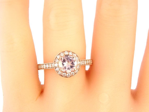 14K Rose Gold Round Brilliant Morganite and Diamond Halo Engagement Ring Wedding Ring Anniversary Ring Art Deco Ring Antique Ring White