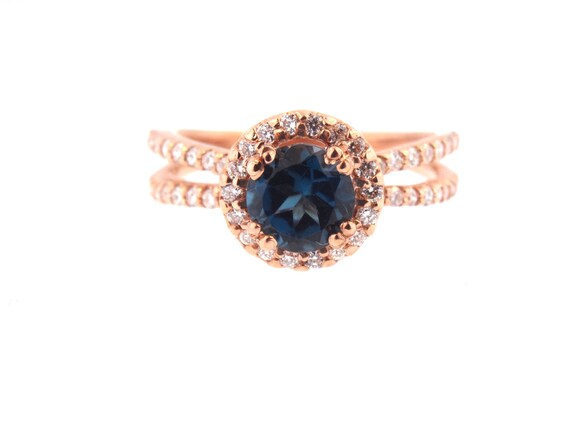 14K Rose Gold Diamond London Blue Topaz Halo Engagement Ring Wedding Ring Anniversary Ring Promise Art Deco Ring Antique Ring Criss Cross