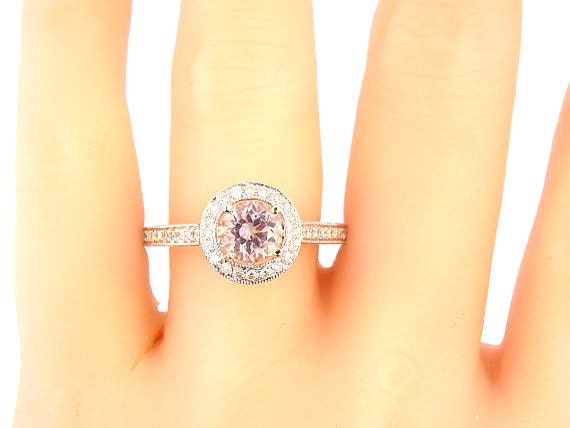 14K White Gold Diamond Round Brilliant Morganite Halo Engagement Ring Wedding Ring Anniversary Art Deco Ring Antique Ring Yellow White Gold