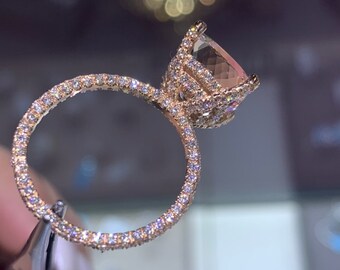14 Karat Rose Gold Diamond Under Halo Wedding Ring With Diamond Prongs Cushion Cut Morganite Engagement Ring Promise Ring Anniversary Ring