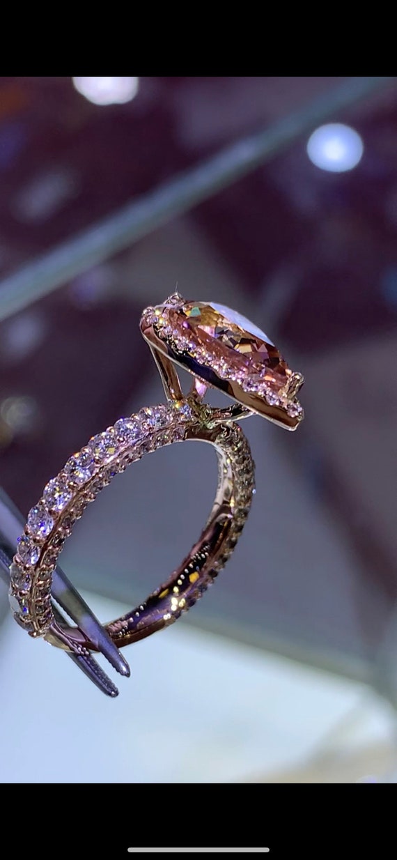 14K Rose Gold Natural Morganite Diamond Halo Ring Pear w/ 3D Band Shape Art Deco Antique Engagement Ring Birthstone Ring Promise White Gold