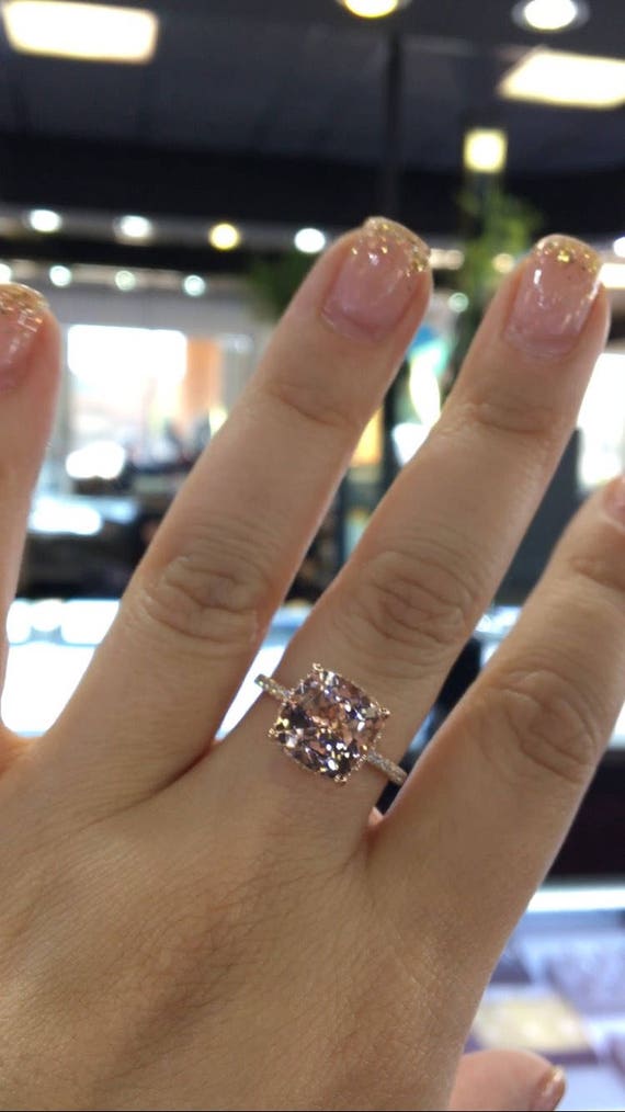 14 Karat Rose Gold Diamond Cushion Cut Shape Morganite Under Halo Wedding Ring Engagement Ring Promise Ring Anniversary Ring White Gold