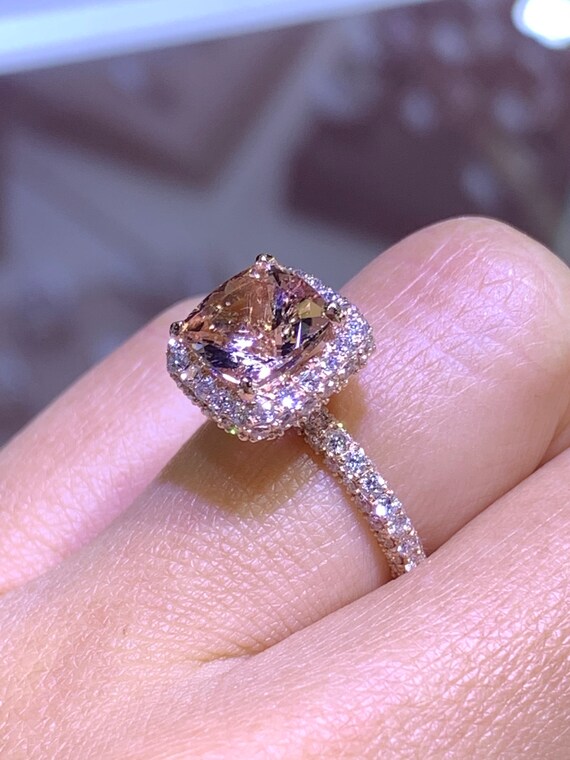 14K Rose Gold Natural Morganite Diamond 2D Halo Ring Cushion Cut w/ 3D Band Shape Art Deco Antique Engagement Ring Ring Promise White Gold