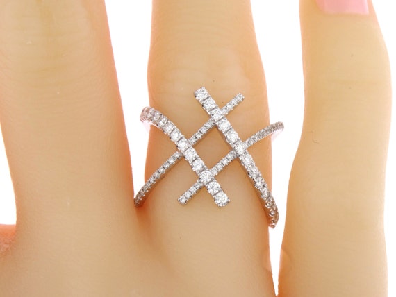 14K White Gold Diamond X Band Anniversary Band Fashion Criss Cross X Ring Right Hand Ring Wedding Band Art Deco Style Band Yellow Rose Gold