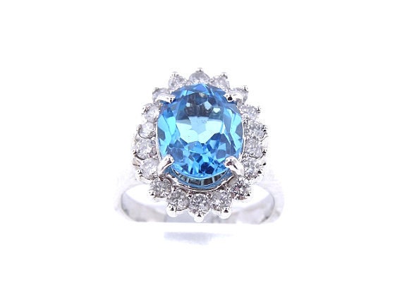 14K White Gold 4.22 Carat Diamond and Natural Blue Topaz Ring Halo Ring Flower Design Fashion Ring Yellow Gold Rose Gold 18K