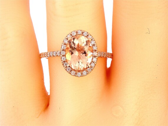 14K Rose Gold Oval Shape Morganite & Diamond Halo Engagement Ring Wedding Ring Anniversary Ring Art Deco Ring Antique Ring Yellow White Gold