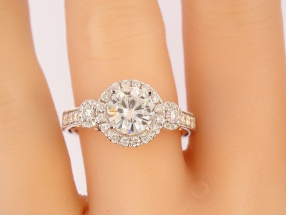 14K White Gold Diamond and 7MM Forever Brilliant Round Moissanite Engagment Ring Wedding Ring Promise Ring Anniversary Ring Alternative Ring