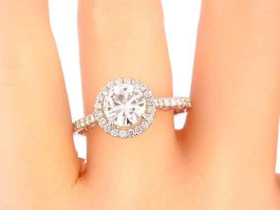 14K White Gold Diamond Halo 7MM Round Brilliant Forever Brillaint Moissanite Engagement Ring Wedding Ring Promise Ring Yellow White Gold 18K