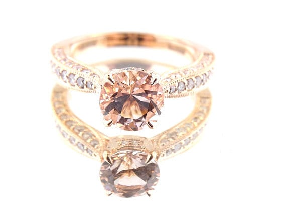 14 K Rose Gold Round Brilliant Diamond Natural Morganite Engagement Ring Wedding Ring Art Deco Ring Antique Ring Yellow Gold White Gold 18K