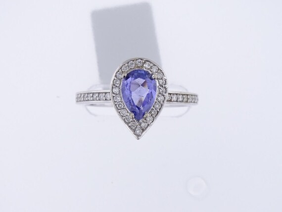 14K White Gold Diamond and Natural Tanzanite Halo Ring Wedding Ring Birthstone Ring Anniversary Ring Pear Shape Promise Ring Solitaire Ring