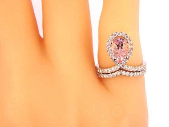 14K White Gold Natural Pear Shape Morganite Diamond Halo Engagement Set Wedding Set Engagement Set Anniversary Set Yellow Gold Rose Gold