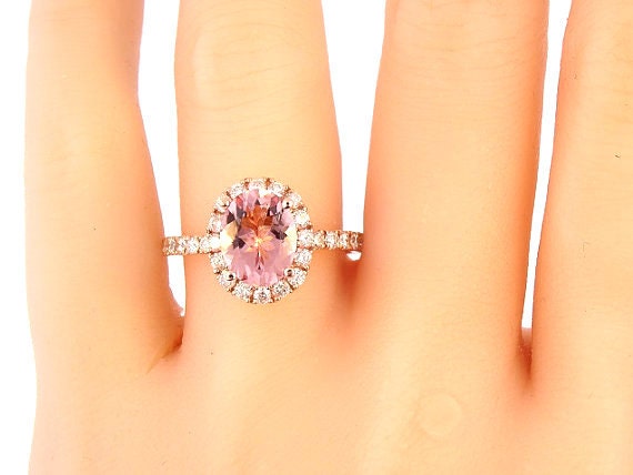 14K Rose Gold Diamond and Natural Oval Shape Morganite Halo Engagement Ring Wedding Ring Art Deco Ring Antique Ring Yellow Gold White Gold