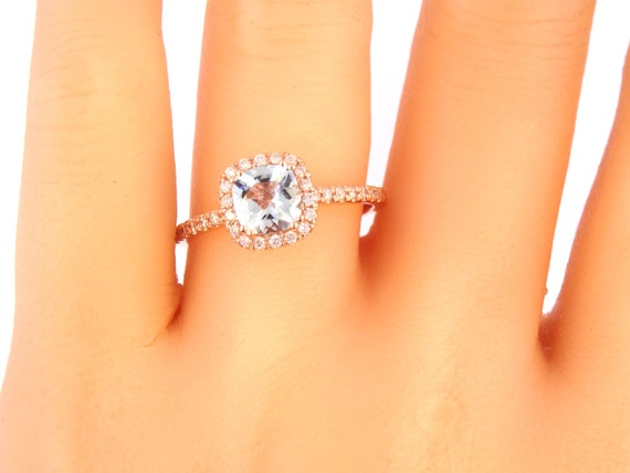 14K Rose Gold Cushion Cut Aquamarine Diamond Halo Engagement Ring Wedding Ring Anniversary Ring Promise Ring Solitaire Ring Alternative Ring