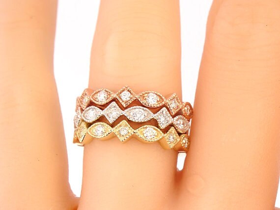14K Tri Color Diamond Band Anniversary Band Wedding Band Stackable Band Promise Ring Platinum Yellow Gold Rose Gold White Gold Antique Band