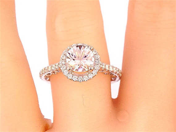 14K White Gold Round Brilliant Morganite & Diamond Halo Engagement Ring Wedding Ring Antique Ring Art Deco Ring Anniversary Ring Yellow Rose